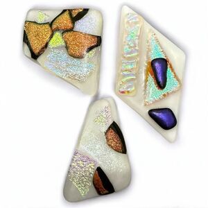 White Dichroic Art Glass Pieces – Iridescent Copper, Violet &amp; Gold Accents